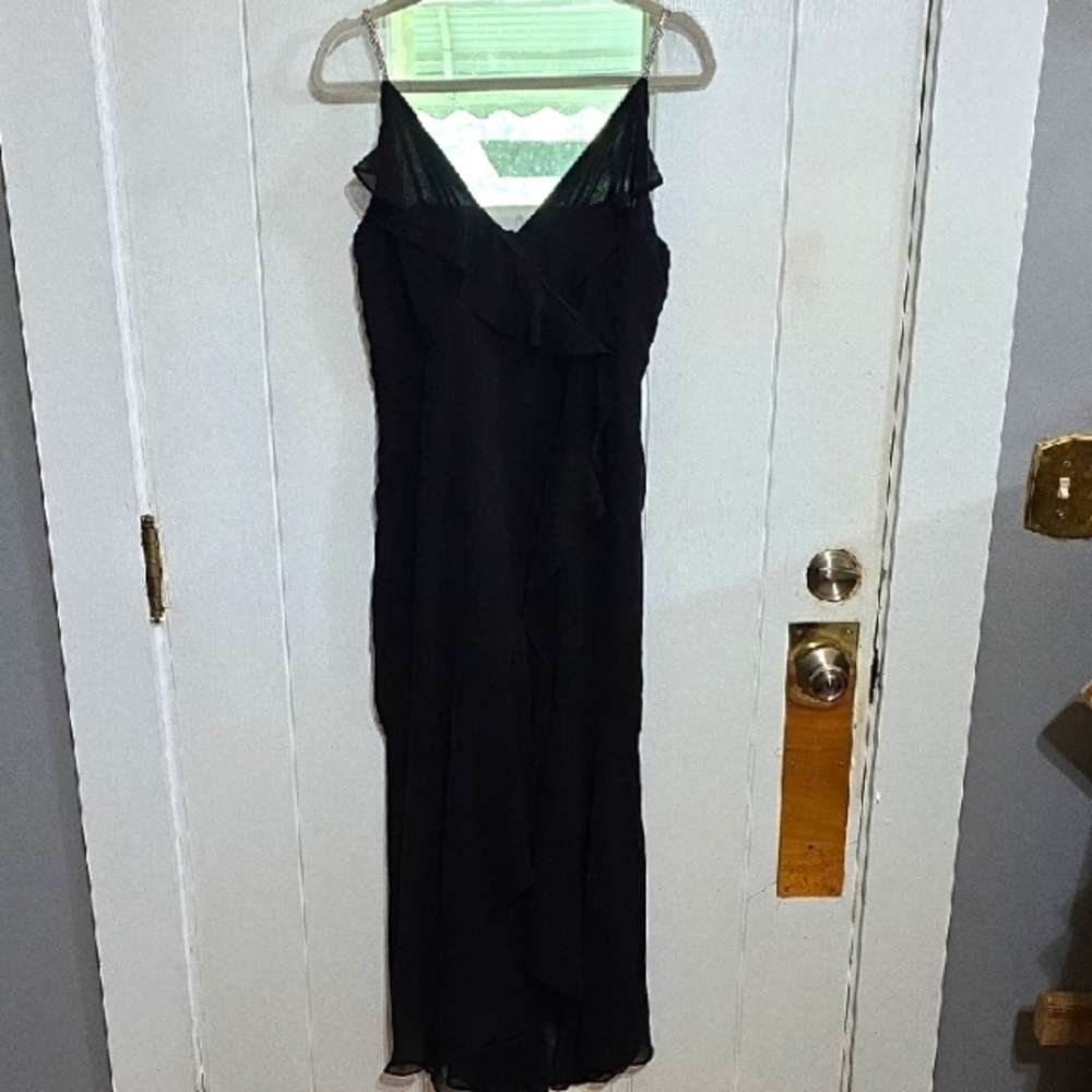Express Women's Black Maxi Dress Rhinestone Straps Ruffly Holiday Prom Sz L EUC